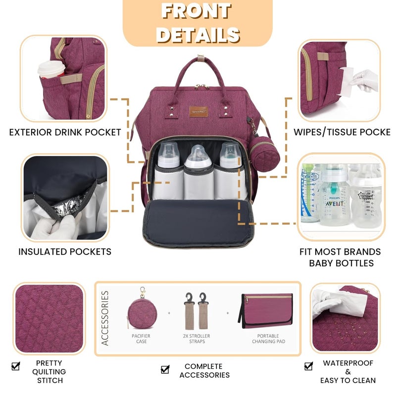 ROSEGIN Diaper Bag Backpack with Changing Pad, Pacifier Case, Baby Bag for Boy Girl Toddler - Large, Stylish, Waterproof Travel Quilted Diaper Bag for Mom - Baby Shower - Purple - Image 3